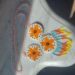Handmade Native American Beaded Medallion Necklace Fringe Bohemian